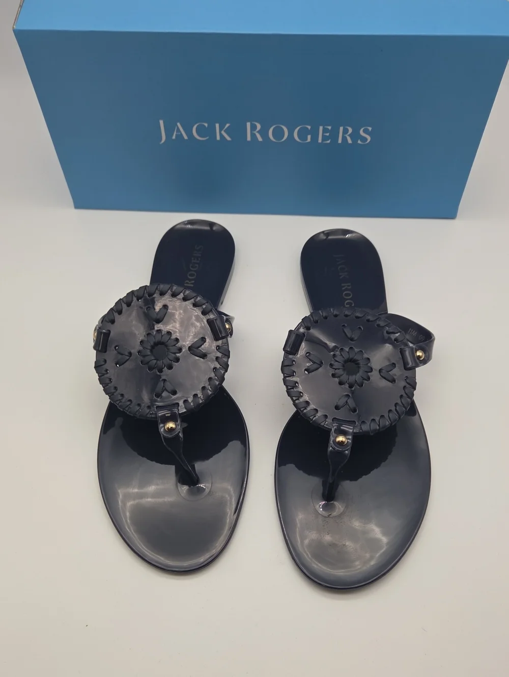 Jack Rogers Navy Patent Jelly Sandals with Woven Medallion